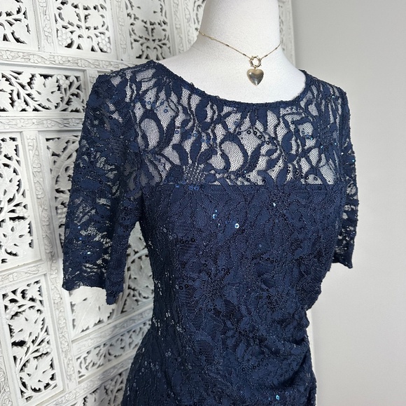 Decode 1.8 Navy Blue Lace Ruched Sequin Fairycore Flowy Long Formal Gown Sz 10 - Picture 2 of 7
